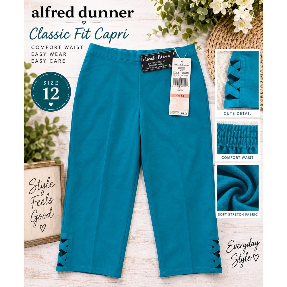Alfred Dunner Womens Classic Fit Capri Pants Teal Blue Lattice Hem Size 12 NWT